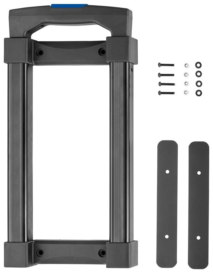 Ein schwarzer Teleskopgriff, inklusive Schrauben, Unterlegscheiben und zwei flachen Montageplatten, auf weißem Hintergrund dargestellt.