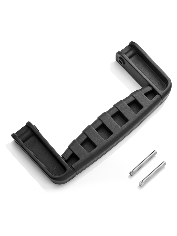 Schwarzer ergonomischer Griff mit geriffelter Oberfläche und zwei silbernen Befestigungsstiften, abgebildet auf weißem Hintergrund.