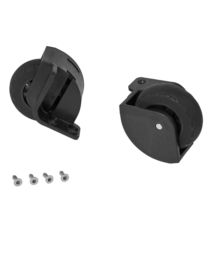 Abbildung von zwei schwarzen Rollen mit Befestigungselementen, begleitet von vier passenden Schrauben, ordentlich nebeneinander angeordnet.