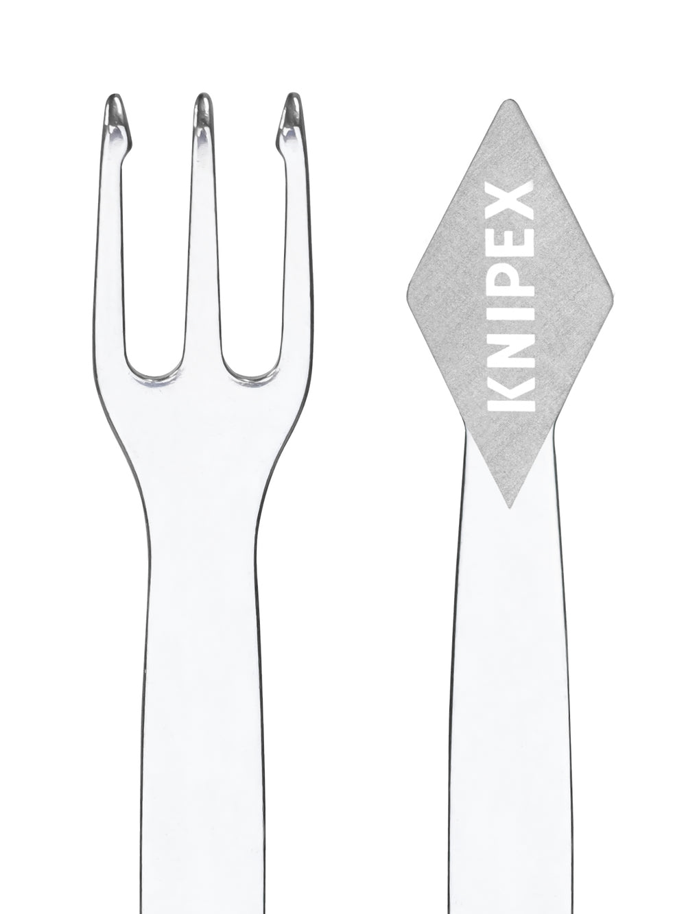 Eine silberne Pommesgabel mit eingraviertem Knipex Logo mit Zoom auf Zinken und Logo 