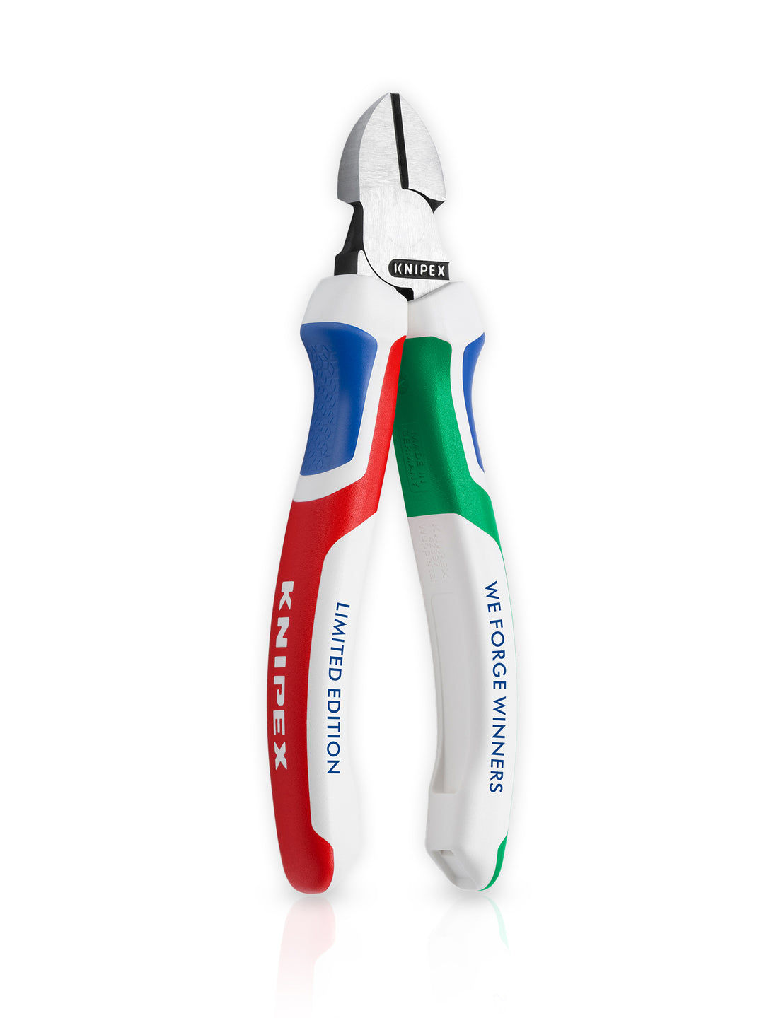 KNIPEX „WE FORGE WINNERS“ Seitenschneider in limitierter Sonderedition mit Griffen in Weiß, Blau, Grün und Rot, aus rostfreiem, robust geschmiedetem Material mit präzisen, induktiv gehärteten Schneiden und ergonomischen Comfort-Griffen.