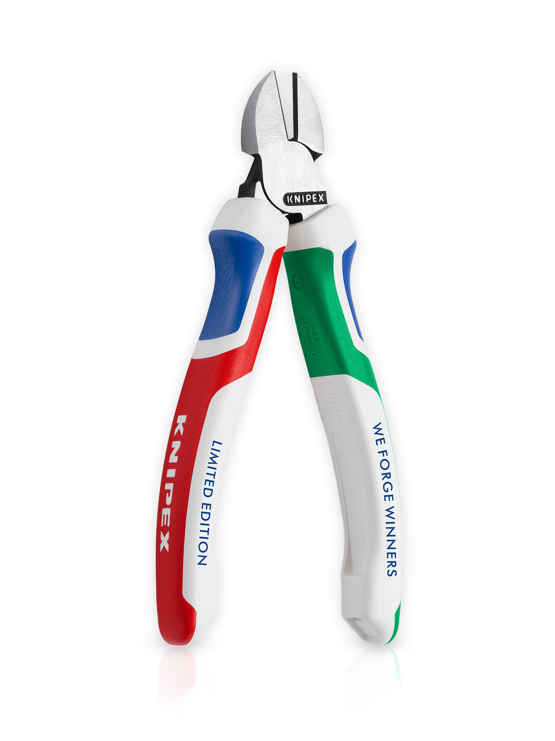 KNIPEX „WE FORGE WINNERS“ Seitenschneider in limitierter Sonderedition mit Griffen in Weiß, Blau, Grün und Rot, aus rostfreiem, robust geschmiedetem Material mit präzisen, induktiv gehärteten Schneiden und ergonomischen Comfort-Griffen.