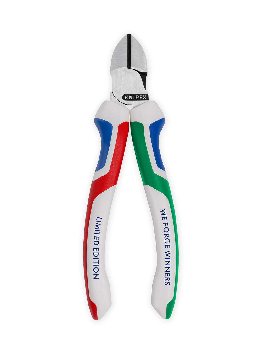 KNIPEX „WE FORGE WINNERS“ Seitenschneider in limitierter Sonderedition mit Griffen in Weiß, Blau, Grün und Rot, aus rostfreiem, robust geschmiedetem Material mit präzisen, induktiv gehärteten Schneiden und ergonomischen Comfort-Griffen.