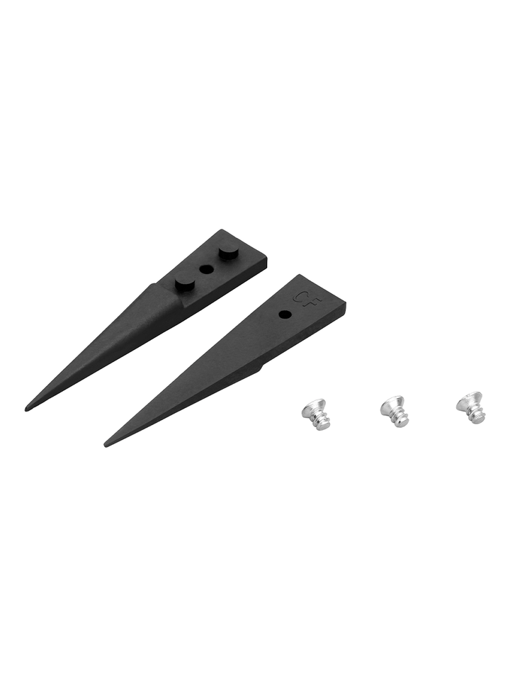 Zwei schwarze, spitz zulaufende Kunststoffteile mit Befestigungslöchern und drei silbernen Schrauben.