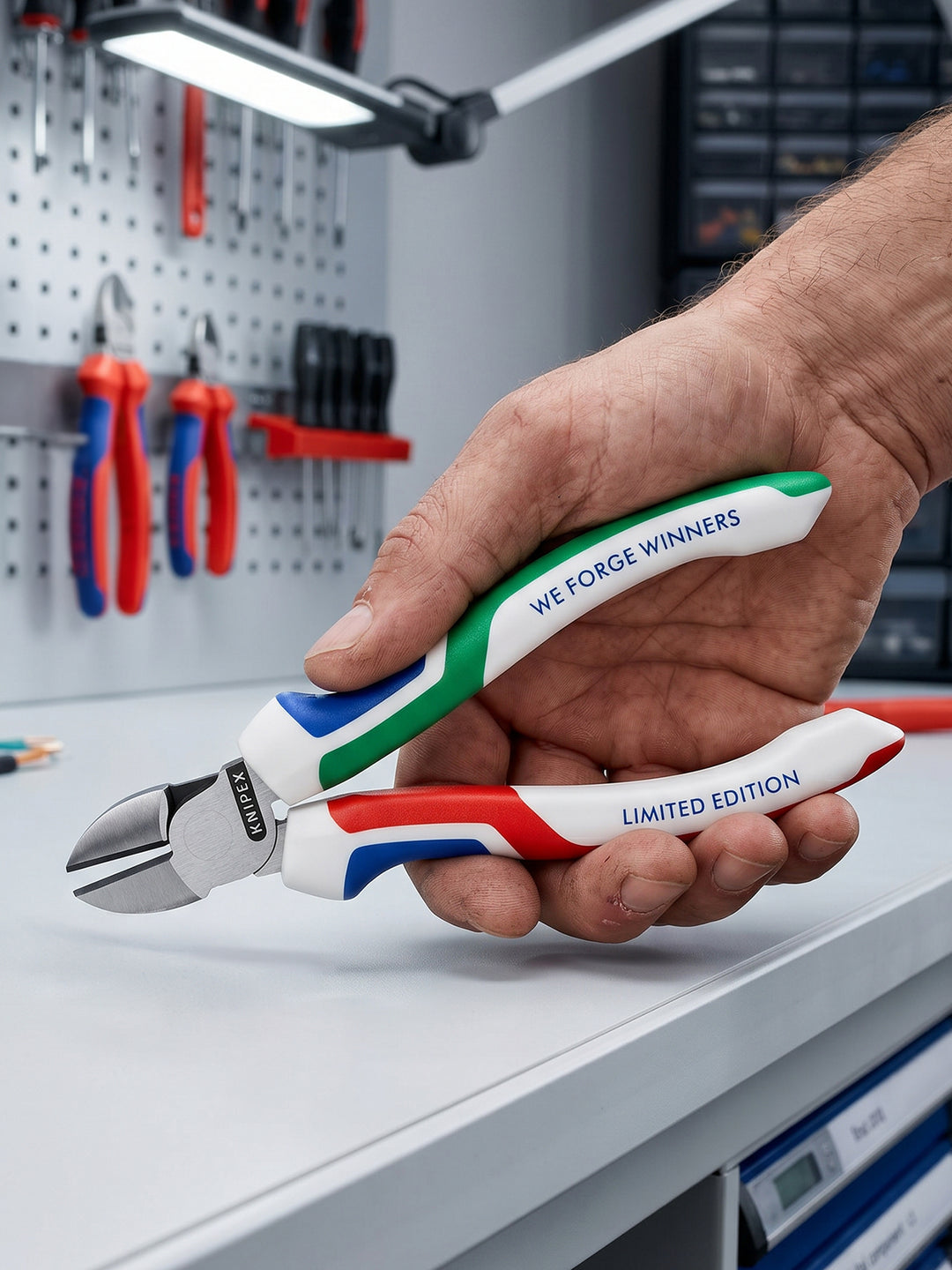 KNIPEX „WE FORGE WINNERS“ Seitenschneider in limitierter Sonderedition mit Griffen in Weiß, Blau, Grün und Rot, gehalten in einer Hand in einer Werkstattumgebung, mit präzisen, induktiv gehärteten Schneiden und ergonomischen Comfort-Griffen.