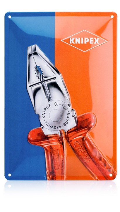 Ein rechteckiger Magnet mit einer Abbildung einer Knipex-Zange. Die Zange hat rote Griffe und einen silbernen Kopf. Der Hintergrund ist zweifarbig in Blau und Orange gestaltet, mit dem weißen Knipex-Logo im oberen rechten Bereich.