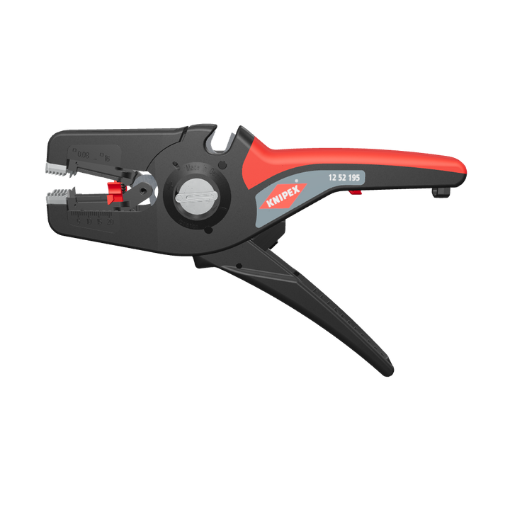Das Bild zeigt eine automatische Abisolierzange der Marke KNIPEX mit einem schwarzen und roten Design. Das Werkzeug verfügt über eine präzise Abisoliervorrichtung, die sich automatisch an verschiedene Kabeldurchmesser anpasst. Der ergonomische Griff sorgt für komfortables Arbeiten, und die Modellnummer "12 52 195" ist aufgedruckt. 