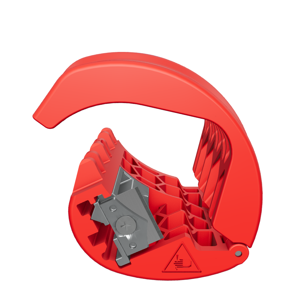 Das Bild zeigt ein rotes Werkzeuggehäuse mit einem ergonomischen Design. Das Gehäuse ist geöffnet und zeigt im Inneren eine Metallklinge oder Schneidvorrichtung. Auf der Außenseite des Gehäuses ist ein blaues Symbol sichtbar, und ein Warnhinweis ist in einer Ecke angebracht. Das Werkzeug scheint für Schneid- oder Abisolierarbeiten konzipiert zu sein.
