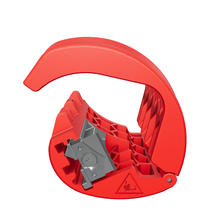Das Bild zeigt ein rotes Werkzeuggehäuse mit einem ergonomischen Design. Das Gehäuse ist geöffnet und zeigt im Inneren eine Metallklinge oder Schneidvorrichtung. Auf der Außenseite des Gehäuses ist ein blaues Symbol sichtbar, und ein Warnhinweis ist in einer Ecke angebracht. Das Werkzeug scheint für Schneid- oder Abisolierarbeiten konzipiert zu sein.
