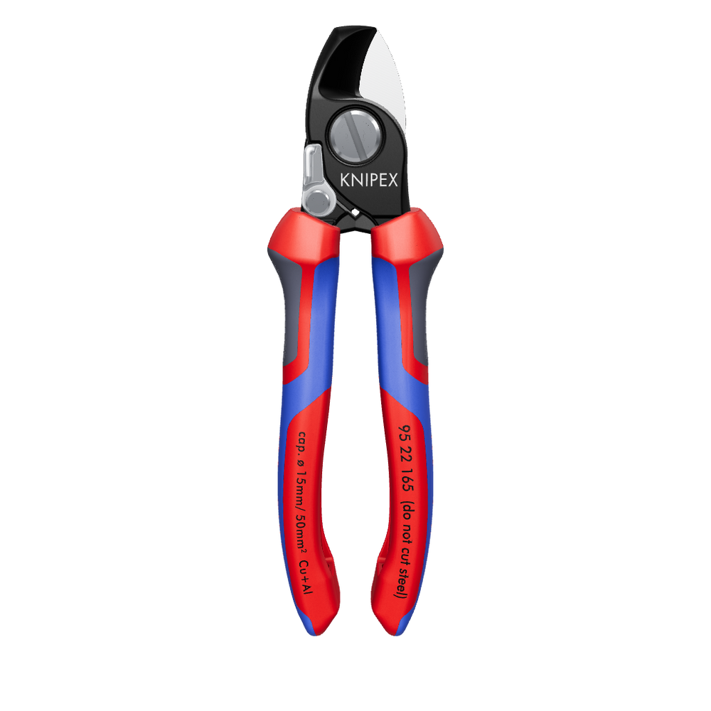 Eine Knipex-Kabelschere mit roten und blauen ergonomischen Griffen. Auf der Schere sind technische Spezifikationen wie "95 22 165" und "do not cut steel" aufgedruckt. Die Schneidfläche ist präzise und robust gestaltet, ideal für das Schneiden von Kabeln.