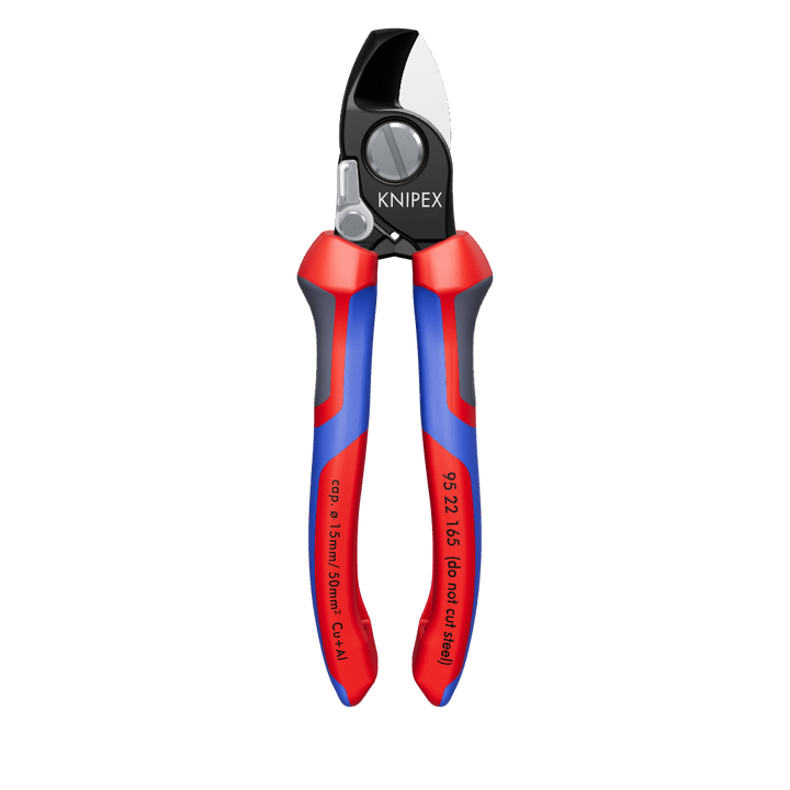 Eine Knipex-Kabelschere mit roten und blauen ergonomischen Griffen. Auf der Schere sind technische Spezifikationen wie "95 22 165" und "do not cut steel" aufgedruckt. Die Schneidfläche ist präzise und robust gestaltet, ideal für das Schneiden von Kabeln.