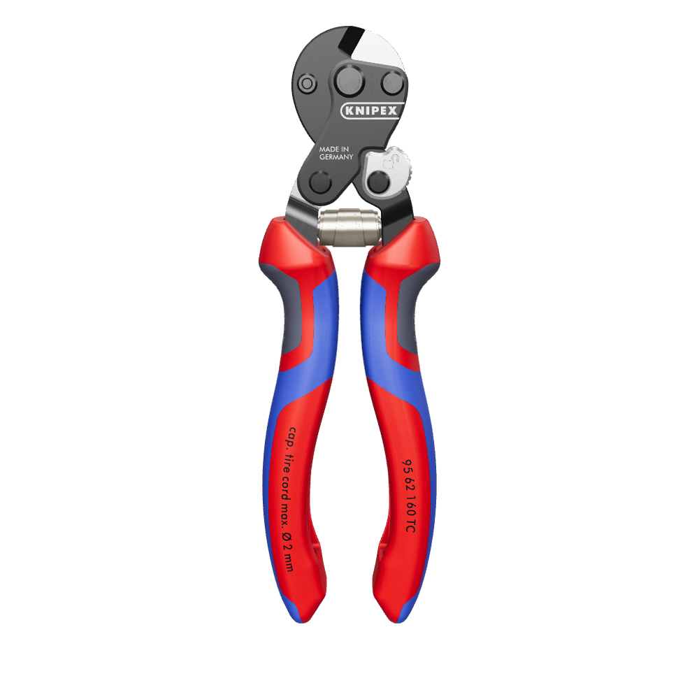 Eine Knipex-Kabelschere mit roten und blauen ergonomischen Griffen. Die Schere ist mit einer präzisen Schneidfläche und einem Ratschenmechanismus ausgestattet. Auf den Griffen sind technische Spezifikationen wie "95 62 160 TC" und "cap. fine strand max Ø 2 mm" aufgedruckt